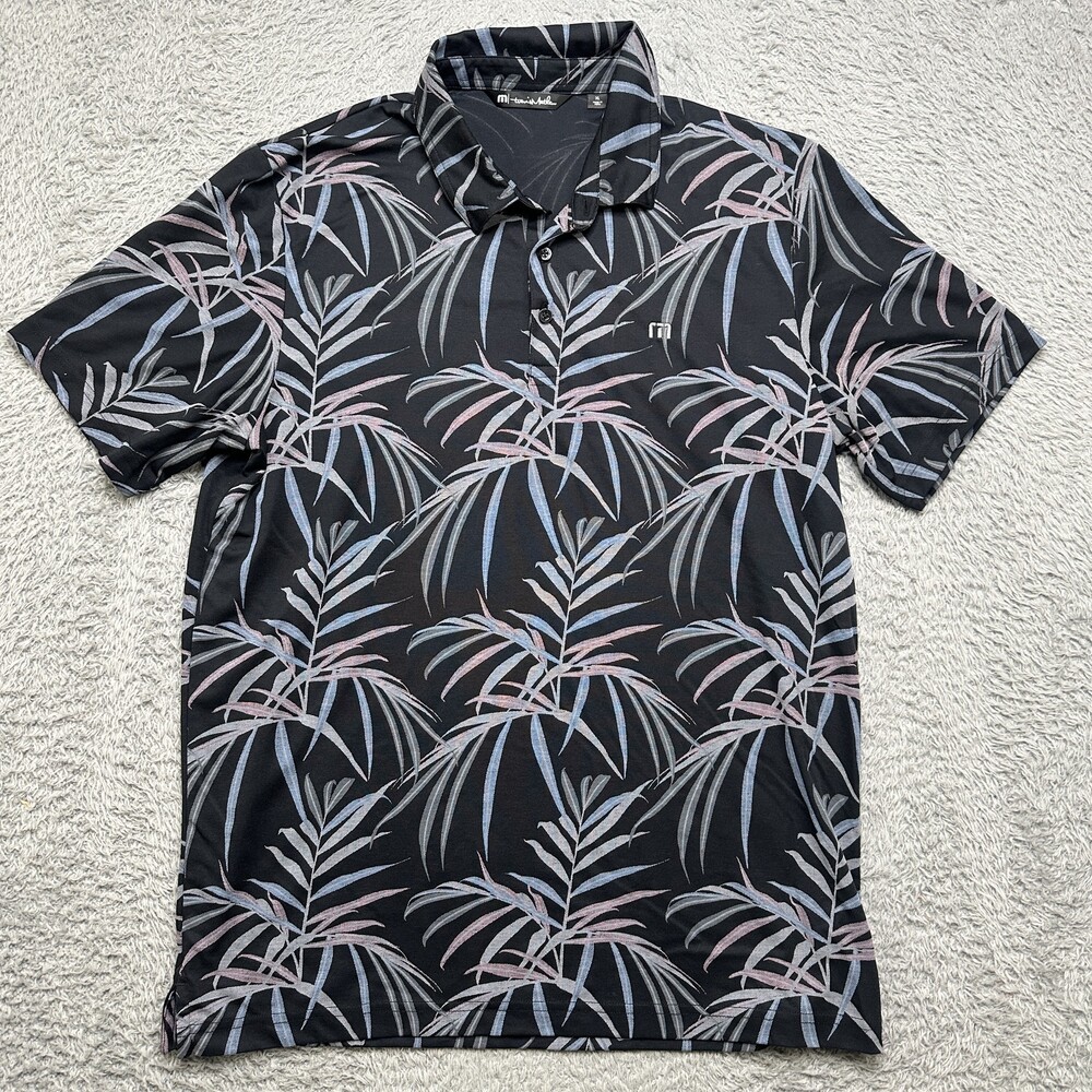 Travis Mathew Polo Shirt Mens XL Black Tropical Leaf Print Pima Cotton